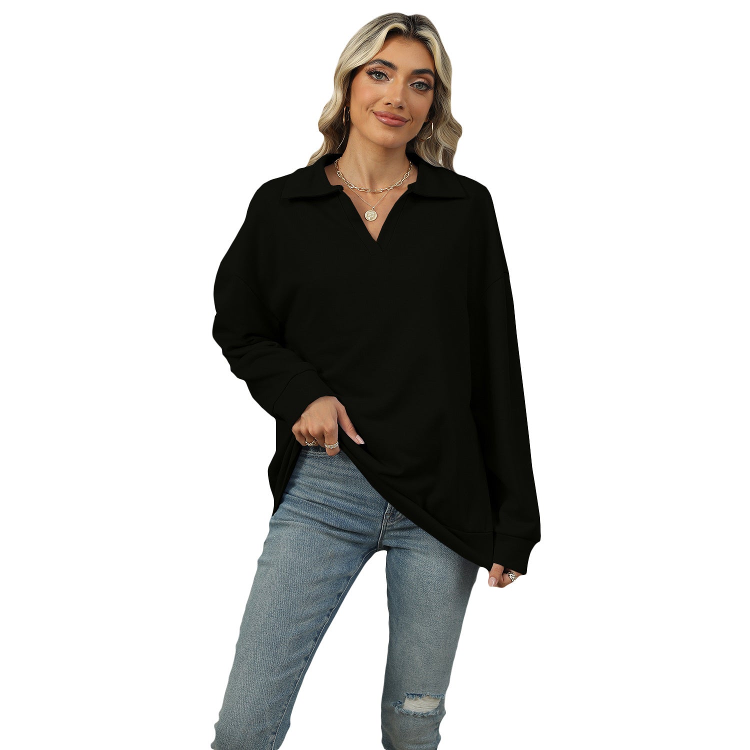 New Lapel V-neck Sweatshirt Fashion Casual Loose Solid Color  Long-sleeved Pullover Top For Womens Clothing