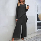 Women's Fashion Long Sleeve Irregular Hem Top Elastic Waist Wide Leg Trousers Two-piece Set