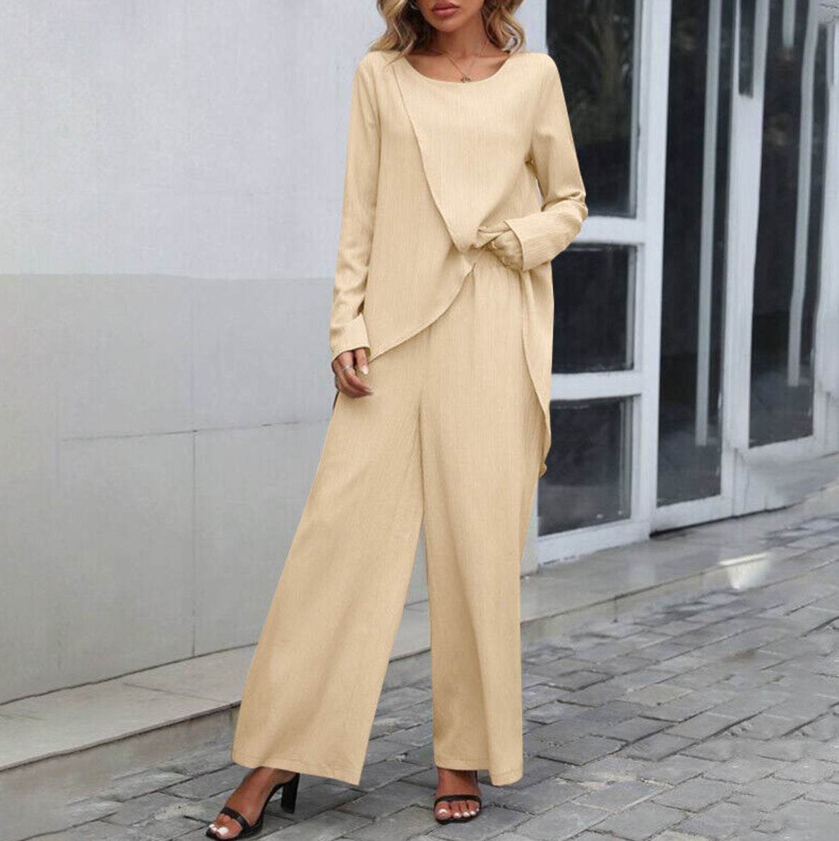 Women's Fashion Long Sleeve Irregular Hem Top Elastic Waist Wide Leg Trousers Two-piece Set